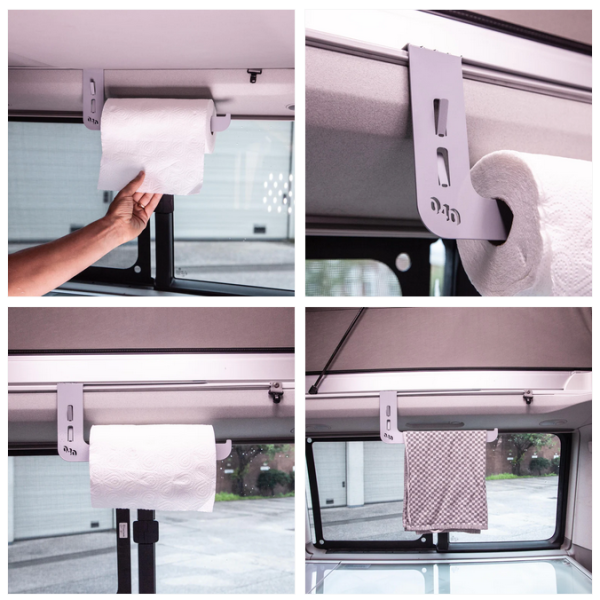 Vier Ansichten des Küchenrollenhalters von Awnlux im VW T5/T6 California mit Papierrolle und Tuch.


